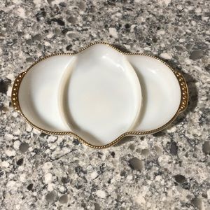 Fire king, white milk, glass, serving tray with gold accent
